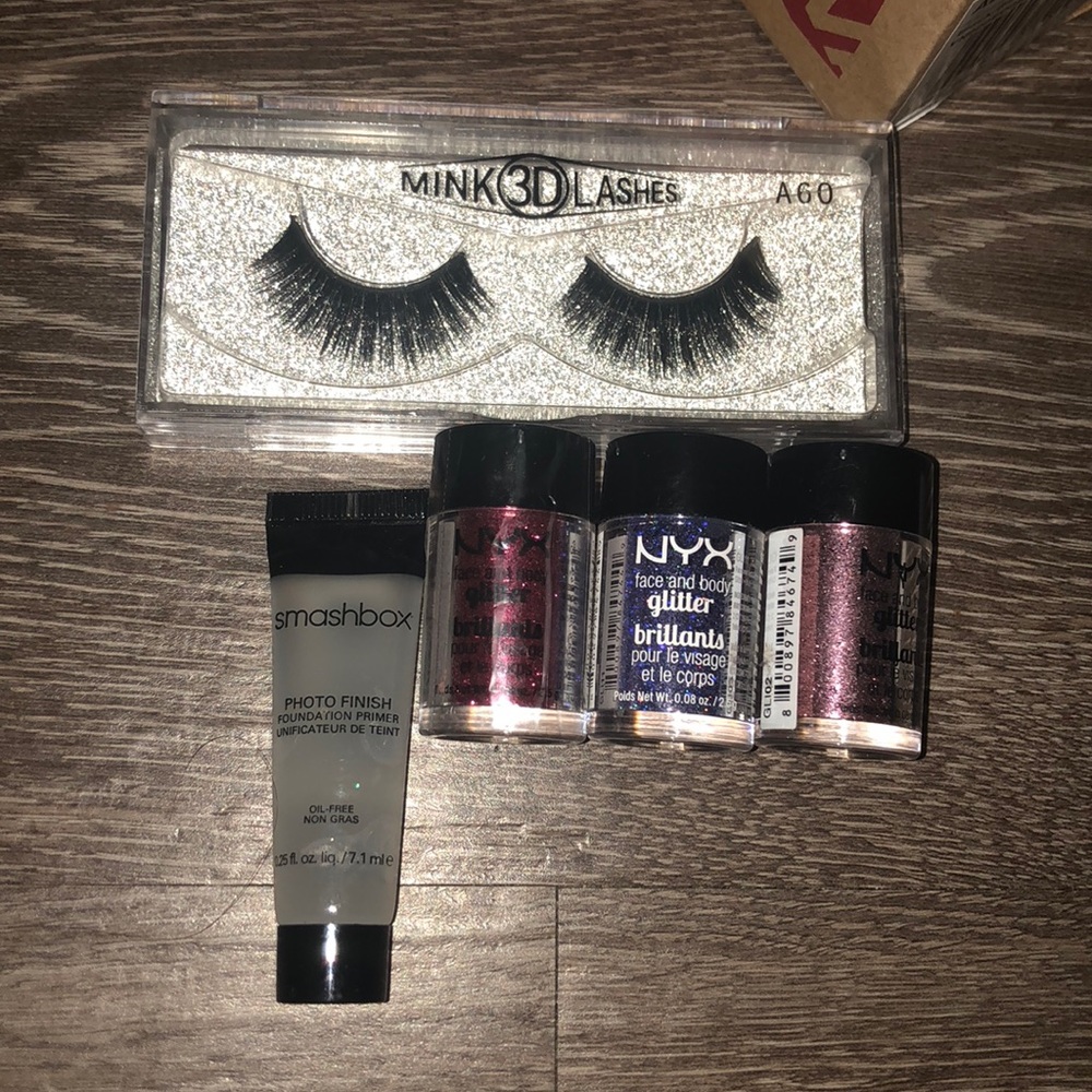 Lashes , smash box primer & nyx glitter all for